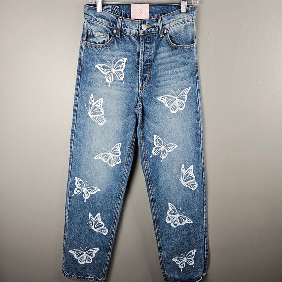 Revice Blue High Rise Button Fly Mom Jeans Butterfly Whimsy Fairy Print Size 25 - Picture 2 of 9